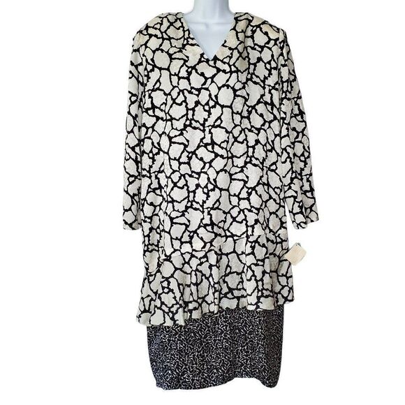 Vintage 80s Silk Ruffled Shift Dress Sz 18 Black Beige Abstract Floral Textured - Picture 1 of 6